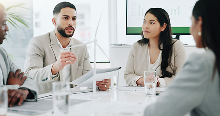 Image showing Business people, renewable energy and windmill in team discussion or meeting for proposal or planning. Diversity, future or men and women talk technology development, collaboration and innovation