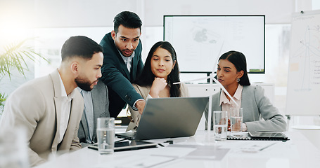 Image showing Business people, meeting and windmill model for renewable energy, eco friendly and sustainability planning. Engineering or mechanic team and manager with collaboration for wind turbine in 3d design