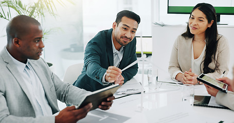 Image showing Business people, renewable energy and windmill in team discussion or meeting for proposal or planning. Diversity, future or men and women talk technology development, collaboration and innovation