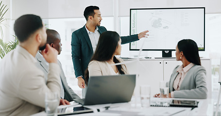 Image showing People, teamwork and wind turbine presentation for renewable energy, eco friendly business and sustainability planning. Engineering manager, meeting and collaboration for windmill model or 3d design