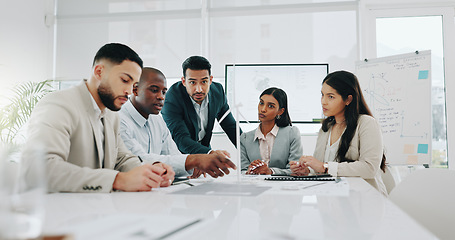 Image showing Business people, meeting and windmill model for renewable energy, eco friendly and sustainability planning. Engineering or mechanic team and manager with collaboration for wind turbine in 3d design