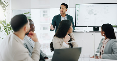 Image showing People, teamwork and wind turbine presentation for renewable energy, eco friendly business and sustainability planning. Engineering manager, meeting and collaboration for windmill model or 3d design