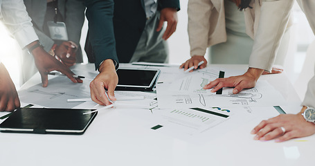 Image showing Business people, wind turbine model and hands, paperwork with analytics at sustainable company and renewable energy. Strategy meeting, eco friendly and environment with windmill, innovation and info