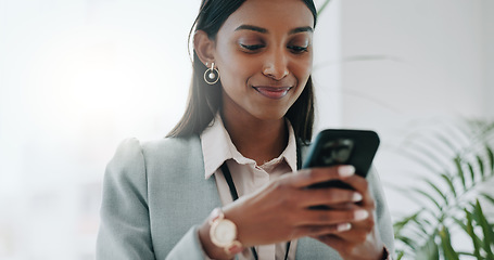 Image showing Business, smile or woman with smartphone, typing or connection with mobile app, social media or network. Person, employee or consultant with cellphone, email notification or professional with contact