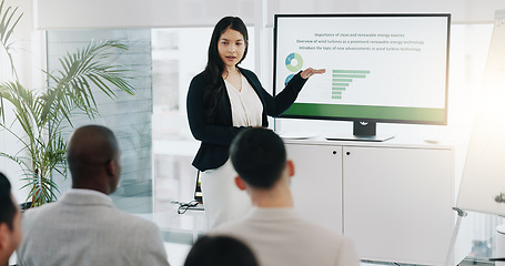 Image showing Presentation, renewable energy and success with business people in meeting for planning, engineering and environment. Technology, research and windmill with employees applause in office for workshop