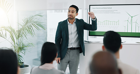 Image showing Presentation, renewable energy and engineering with business people in meeting for planning, sustainability and environment. Technology, research and windmill with employees in office for workshop