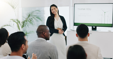 Image showing Presentation, renewable energy and success with business people in meeting for planning, engineering and environment. Technology, research and windmill with employees applause in office for workshop