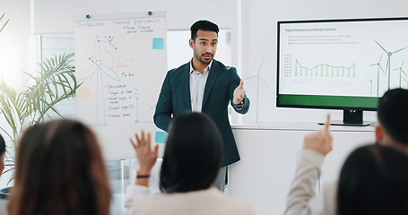 Image showing Businessman, presentation and coaching with questions in meeting, conference or idea at office. Asian man or mentor talking to audience or business people with hand raised for interaction at workshop