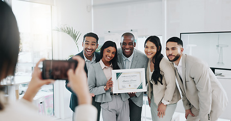 Image showing Picture, award and teamwork with business people in office for winner, support or photographer. Certificate, thank you and achievement with employees in engineering firm for partnership or well done