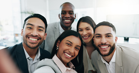 Image showing Selfie, happy and face of business people in the office for team building, fun or bonding. Smile, diversity and portrait of group of lawyers taking a picture together by a meeting in modern workplace