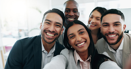 Image showing Selfie, happy and face of business people in the office for team building, fun or bonding. Smile, diversity and portrait of group of lawyers taking a picture together by a meeting in modern workplace