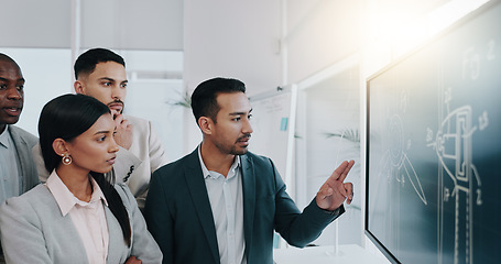 Image showing Presentation, renewable energy and teamwork with business people in meeting for planning, engineering and environment. Technology, research and blueprint with employees in office for model workshop