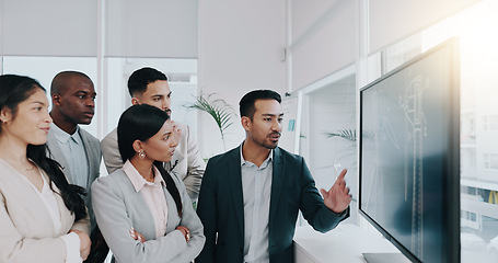 Image showing Presentation, renewable energy and sustainability with business people in meeting for planning, engineering and environment. Technology, research and windmill with employees in office for workshop