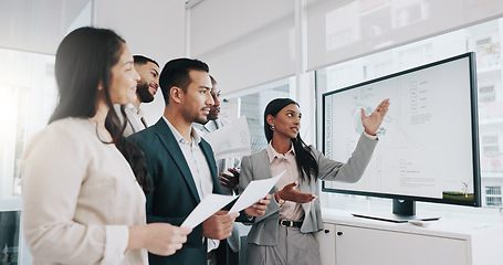 Image showing Presentation, renewable energy and windturbine with business people in meeting for planning, engineering and environment. Technology, research and sustainability with employees in office for workshop