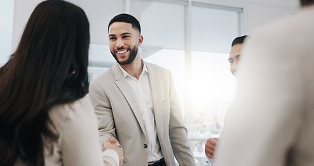 Image showing Happy businessman, handshake and meeting in teamwork, agreement or promotion at office. Business people shaking hands in greeting, introduction or partnership for b2b or deal together at workplace