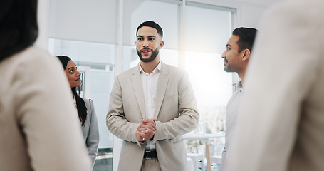 Image showing Happy businessman, discussion meeting in teamwork, agreement or promotion at office. Business people shaking hands in greeting, introduction or partnership for b2b or deal together at workplace