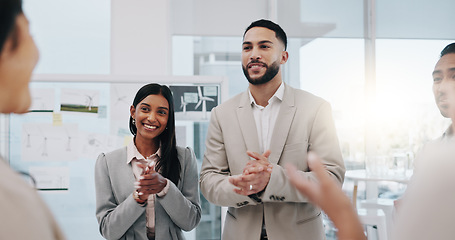 Image showing Happy businessman, handshake and applause in promotion, b2b or team agreement at office. Business people shaking hands and clapping in greeting, introduction or partnership for deal at workplace