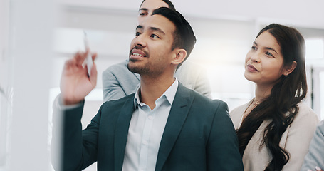 Image showing Businessman, coaching and presentation in team brainstorming, strategy or schedule planning at office. Business people or mentor talking to group in staff training, project plan or tasks at workplace