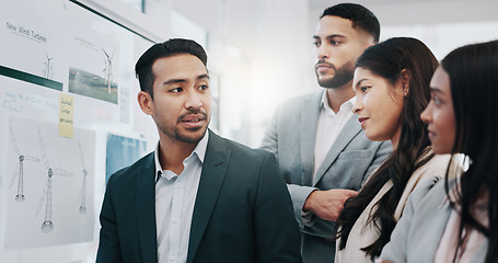 Image showing Businessman, coaching and listening to team in meeting, schedule planning or brainstorming on glass board at office. Asian man and business people in staff training, project plan or task at workplace