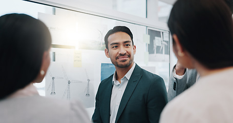 Image showing Businessman, coaching and listening to team in meeting, schedule planning or brainstorming on glass board at office. Asian man and business people in staff training, project plan or task at workplace