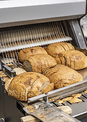 Image showing Sourdough bread slicing in industrial bread slicing machine