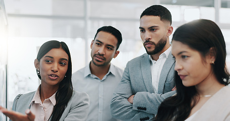 Image showing Business woman, coaching and schedule planning in teamwork, brainstorming or strategy in meeting at office. Female person or mentor with group in staff training, project plan or tasks at workplace