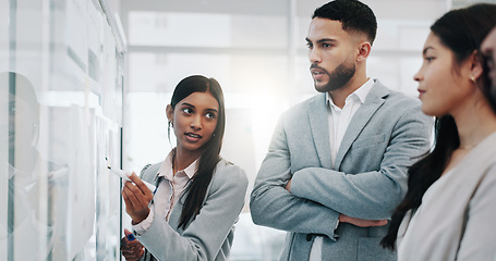 Image showing Business woman, coaching and schedule planning in teamwork, brainstorming or strategy in meeting at office. Female person or mentor with group in staff training, project plan or tasks at workplace