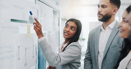 Image showing Business woman, coaching and presentation in team brainstorming, strategy or schedule planning at office. Female person or mentor talking to group in staff training, project plan or task at workplace