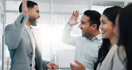 Image showing Businessman, high five and applause in team planning, brainstorming or motivation together at office. Business people clapping in celebration, meeting or teamwork collaboration for ideas at workplace