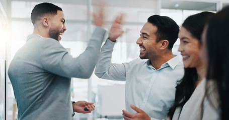 Image showing Businessman, high five and applause in team planning, brainstorming or motivation together at office. Business people clapping in celebration, meeting or teamwork collaboration for ideas at workplace