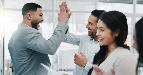 Image showing Businessman, high five and applause in schedule planning, teamwork or motivation together at office. Business people in celebration, meeting or team building for collaboration or ideas at workplace