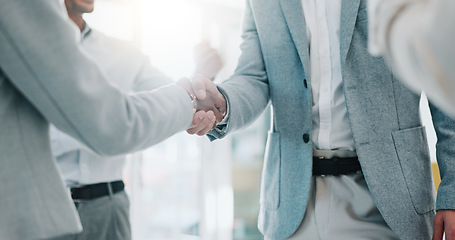 Image showing Business people, handshake and applause in meeting, promotion or thank you in teamwork at office. Group of employees shaking hands and clapping in team hiring, recruiting or greeting at workplace