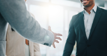 Image showing Business people, handshake and applause in meeting, thank you or promotion in teamwork at office. Group of employees shaking hands and clapping in team hiring, recruiting or greeting at workplace