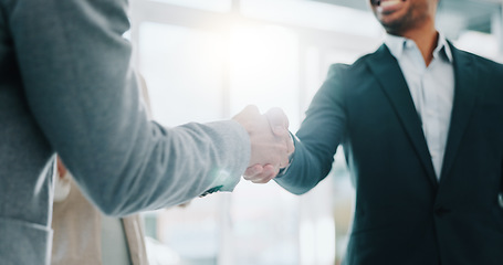 Image showing Business people, handshake and applause in meeting, thank you or promotion in teamwork at office. Group of employees shaking hands and clapping in team hiring, recruiting or greeting at workplace