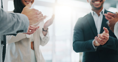 Image showing Business people, handshake and applause in meeting, thank you or promotion in teamwork at office. Group of employees shaking hands and clapping in team hiring, recruiting or greeting at workplace