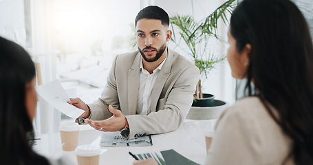 Image showing Business people, document and a team talking in meeting for corporate planning, report and collaboration. Man and women at a table in office for discussion, reading paperwork or strategy and proposal