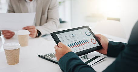 Image showing Business people, tablet and hands in data analytics, meeting or graph and chart discussion at office. Technology, company statistics and marketing strategy or analysis in corporate management on desk