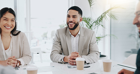 Image showing Business people, happy and a team talking in meeting for corporate planning, ideas and collaboration. Men and women at a table in office for discussion, brainstorming or management communication