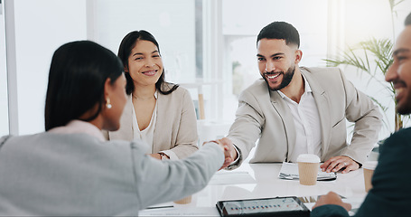 Image showing Happy businessman, handshake and meeting in b2b, deal agreement or promotion in team conference at office. Business people shaking hands in greeting, introduction or partnership together at workplace