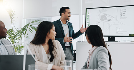 Image showing Business man, windmill and screen with speech in office for innovation, energy or sustainable future. Engineering consultant, leader and team for brainstorming, wind power and electricity on monitor