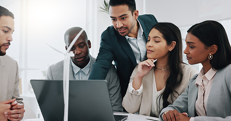 Image showing Wind turbine, computer and man in office team working on clean energy and sustainability planning. Engineering, construction project and architect job with eco friendly and biodiversity design