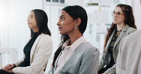 Image showing Business people, meeting and listening to presentation at conference, seminar or speaker at office. Group of employees or audience in staff training workshop, team convention or coaching at workplace