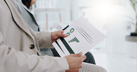 Image showing Hands, document and data for a meeting or report on company growth, economy or financial wealth. Closeup, paperwork and a person with stats, finance review or reading information about business