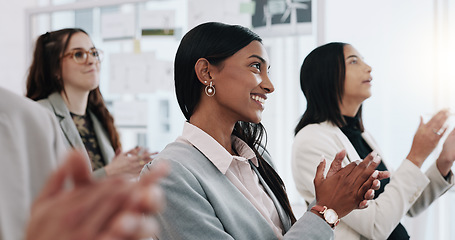 Image showing Happy business people, applause and meeting in presentation, conference or team workshop at office. Group clapping in thank you for staff training, celebration or teamwork together at workplace