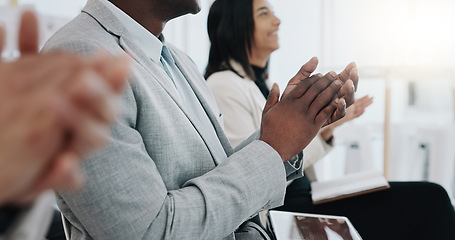 Image showing Business people, hands and applause in meeting presentation, conference or team workshop at office. Group clapping in thank you for staff training, celebration or teamwork together at workplace