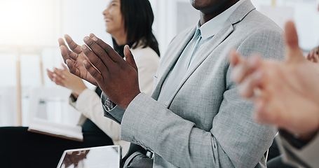 Image showing Business people, hands and applause in meeting presentation, conference or team workshop at office. Group clapping in thank you for staff training, celebration or teamwork together at workplace