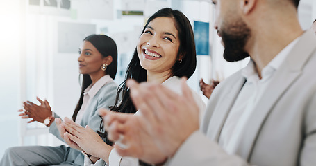 Image showing Happy business people, applause and meeting in presentation, conference or team workshop at office. Excited group clapping and smile in staff training, celebration or promotion together at workplace