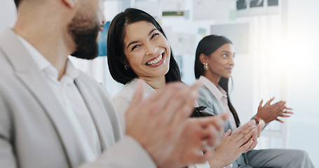 Image showing Happy business people, applause and meeting in presentation, conference or team workshop at office. Excited group clapping and smile in staff training, celebration or promotion together at workplace