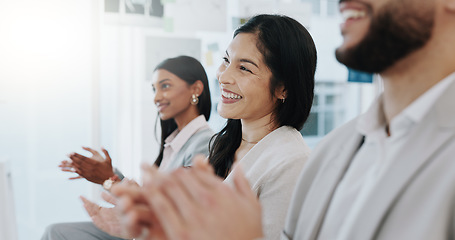 Image showing Happy business people, applause and meeting in presentation, conference or team workshop at office. Excited group clapping and smile in staff training, celebration or promotion together at workplace