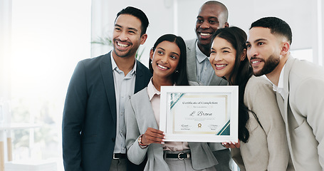 Image showing Business people, woman and certificate in office, presentation or teamwork for performance, goal or success. African CEO, happy employee group and diploma for achievement, thanks or award at workshop